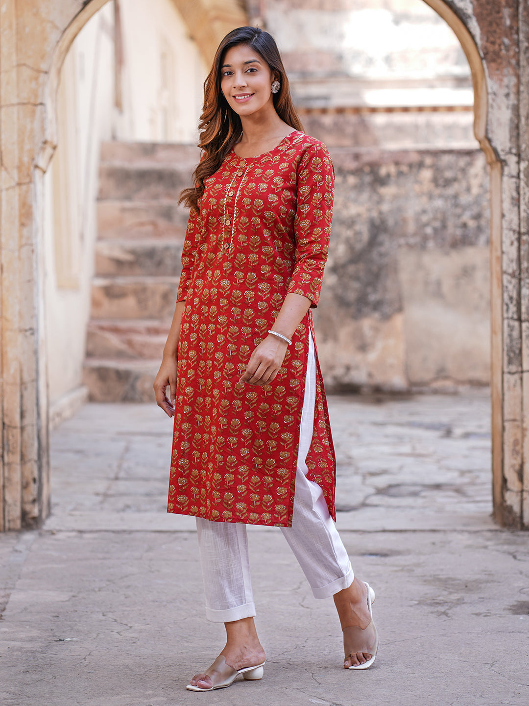 Women's Red Cotton Kurta