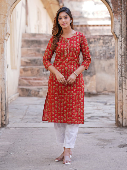 Women's Red Cotton Kurta