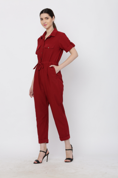 Women's Maroon Solid Poly Laycra Collar Jumpsuit With Belt