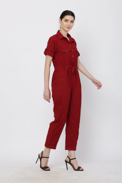 Women's Maroon Solid Poly Laycra Collar Jumpsuit With Belt