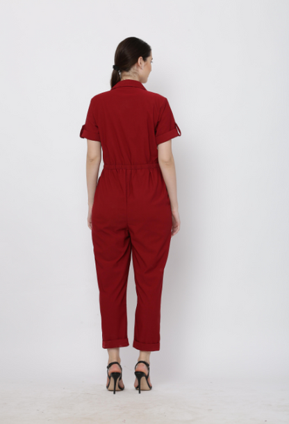 Women's Maroon Solid Poly Laycra Collar Jumpsuit With Belt