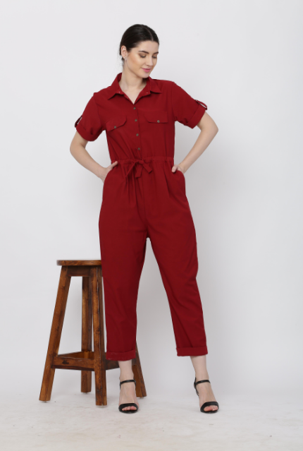Women's Maroon Solid Poly Laycra Collar Jumpsuit With Belt