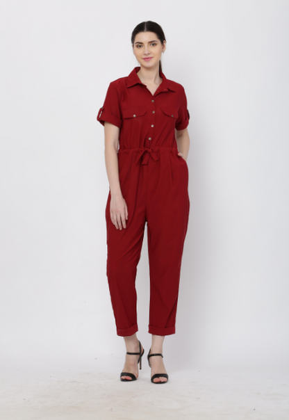 Women's Maroon Solid Poly Laycra Collar Jumpsuit With Belt