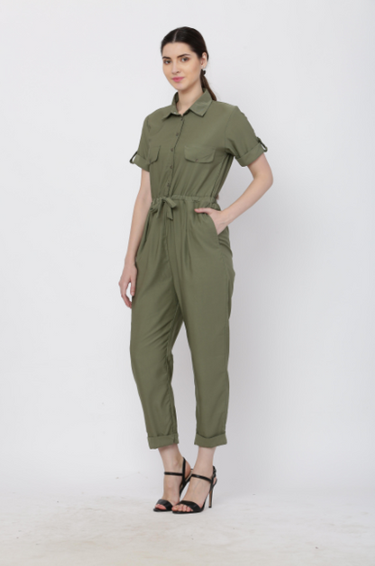 Women's Olive Solid Poly Laycra Collar Jumpsuit With Belt