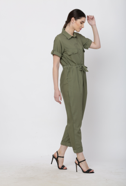 Women's Olive Solid Poly Laycra Collar Jumpsuit With Belt