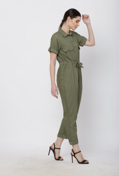 Women's Olive Solid Poly Laycra Collar Jumpsuit With Belt