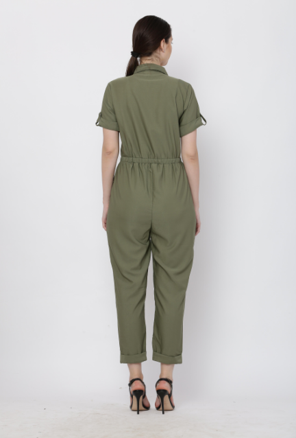 Women's Olive Solid Poly Laycra Collar Jumpsuit With Belt