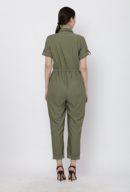 Women's Olive Solid Poly Laycra Collar Jumpsuit With Belt