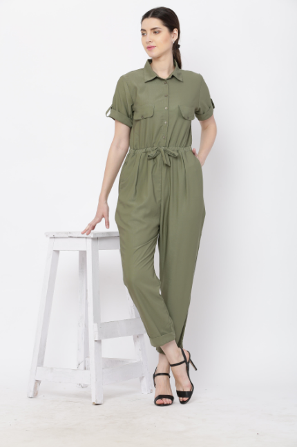 Women's Olive Solid Poly Laycra Collar Jumpsuit With Belt