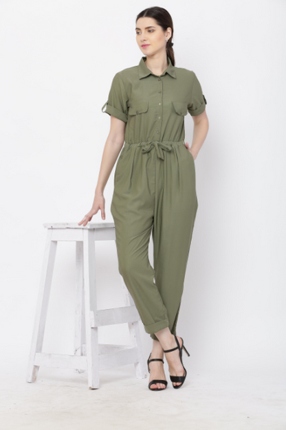 Women's Olive Solid Poly Laycra Collar Jumpsuit With Belt
