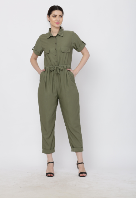 Women's Olive Solid Poly Laycra Collar Jumpsuit With Belt