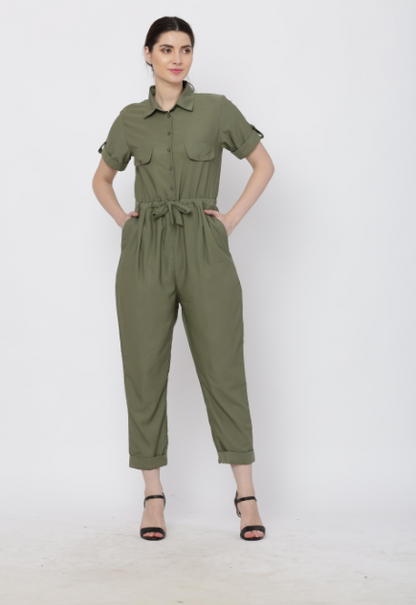 Women's Olive Solid Poly Laycra Collar Jumpsuit With Belt
