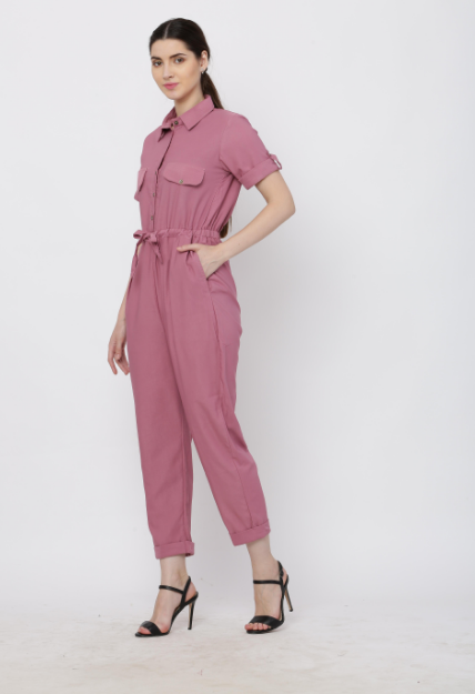Women's Pink Solid Poly Laycra Collar Jumpsuit With Belt