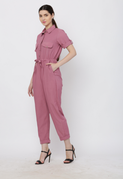 Women's Pink Solid Poly Laycra Collar Jumpsuit With Belt