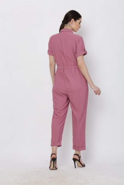 Women's Pink Solid Poly Laycra Collar Jumpsuit With Belt
