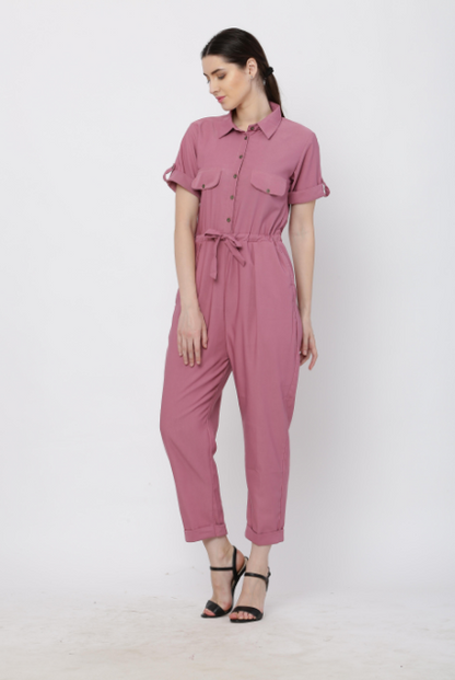 Women's Pink Solid Poly Laycra Collar Jumpsuit With Belt