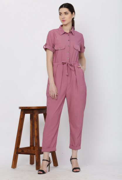 Women's Pink Solid Poly Laycra Collar Jumpsuit With Belt