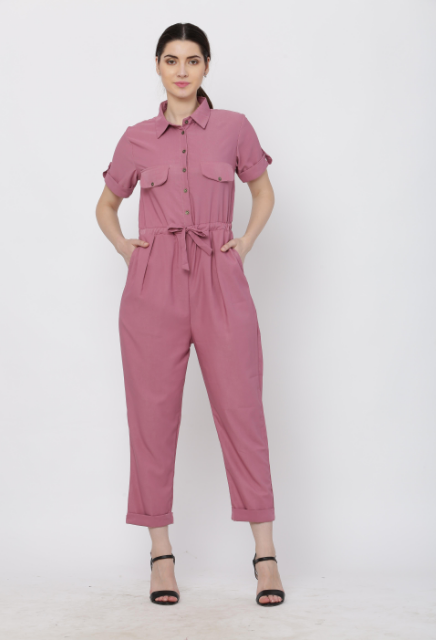 Women's Pink Solid Poly Laycra Collar Jumpsuit With Belt