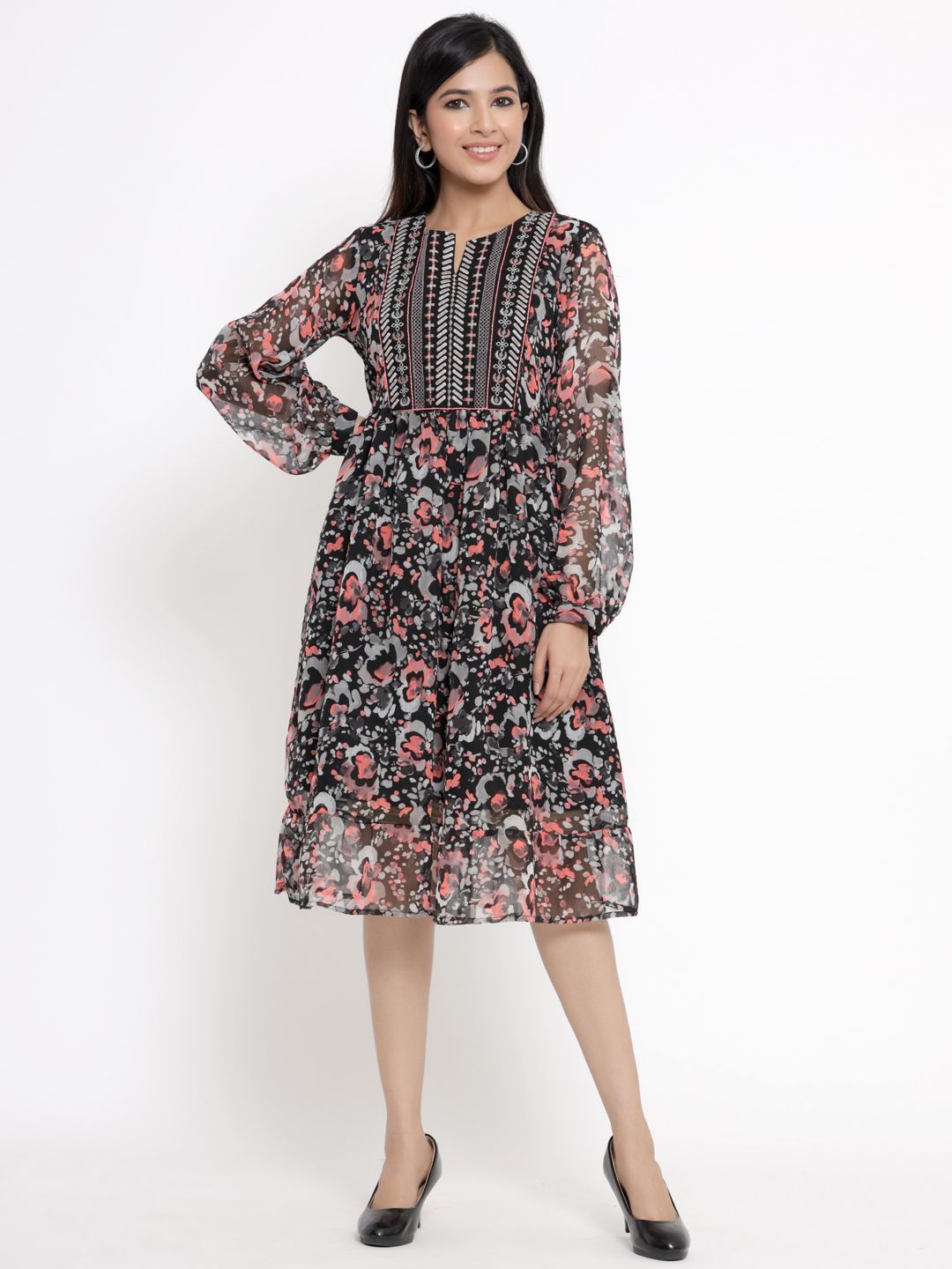 Women's Black Chiffon Printed Flared Dress