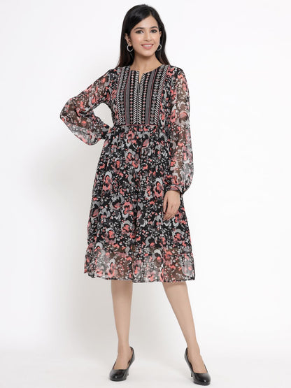 Women's Black Chiffon Printed Flared Dress