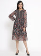 Women's Black Chiffon Printed Flared Dress