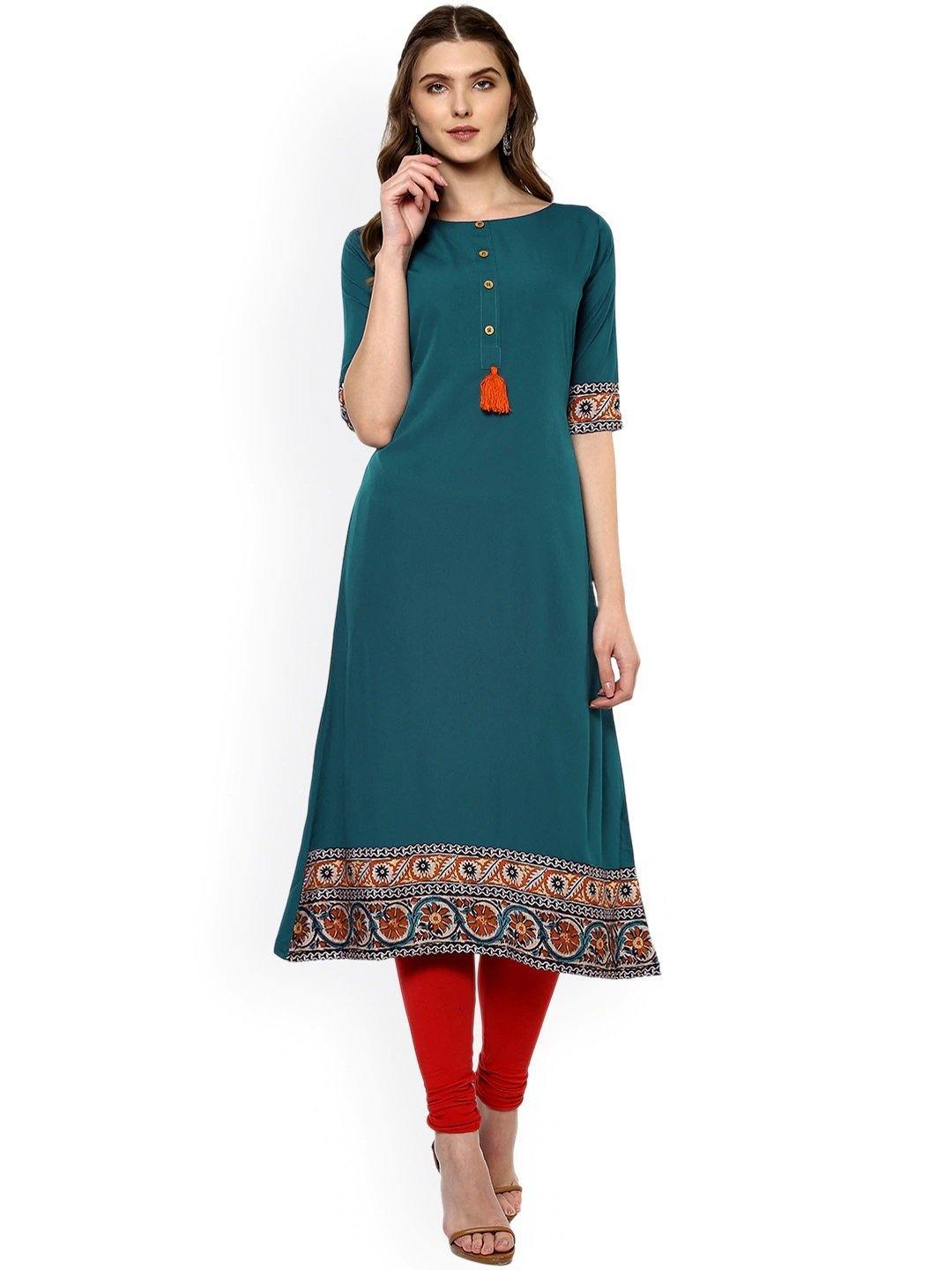Women's Turquoise Poly Crepe Kur