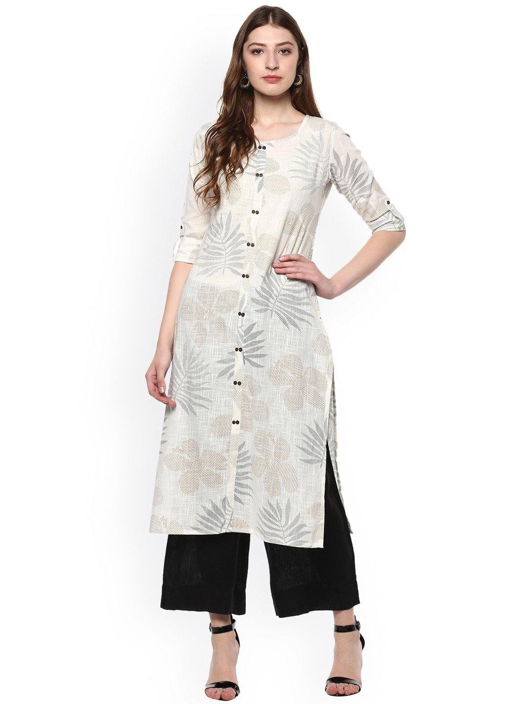 Women's Off White Cotton Kur