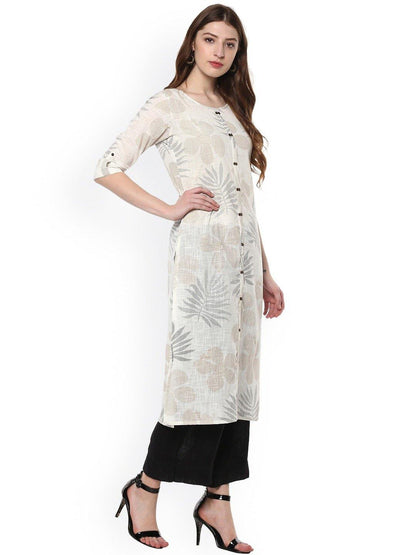 Women's Off White Cotton Kur