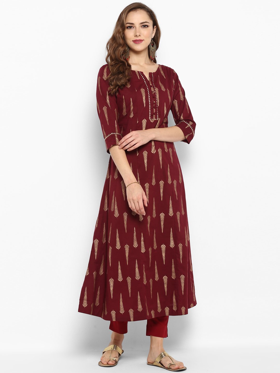 Women's Maroon Cotton Kur