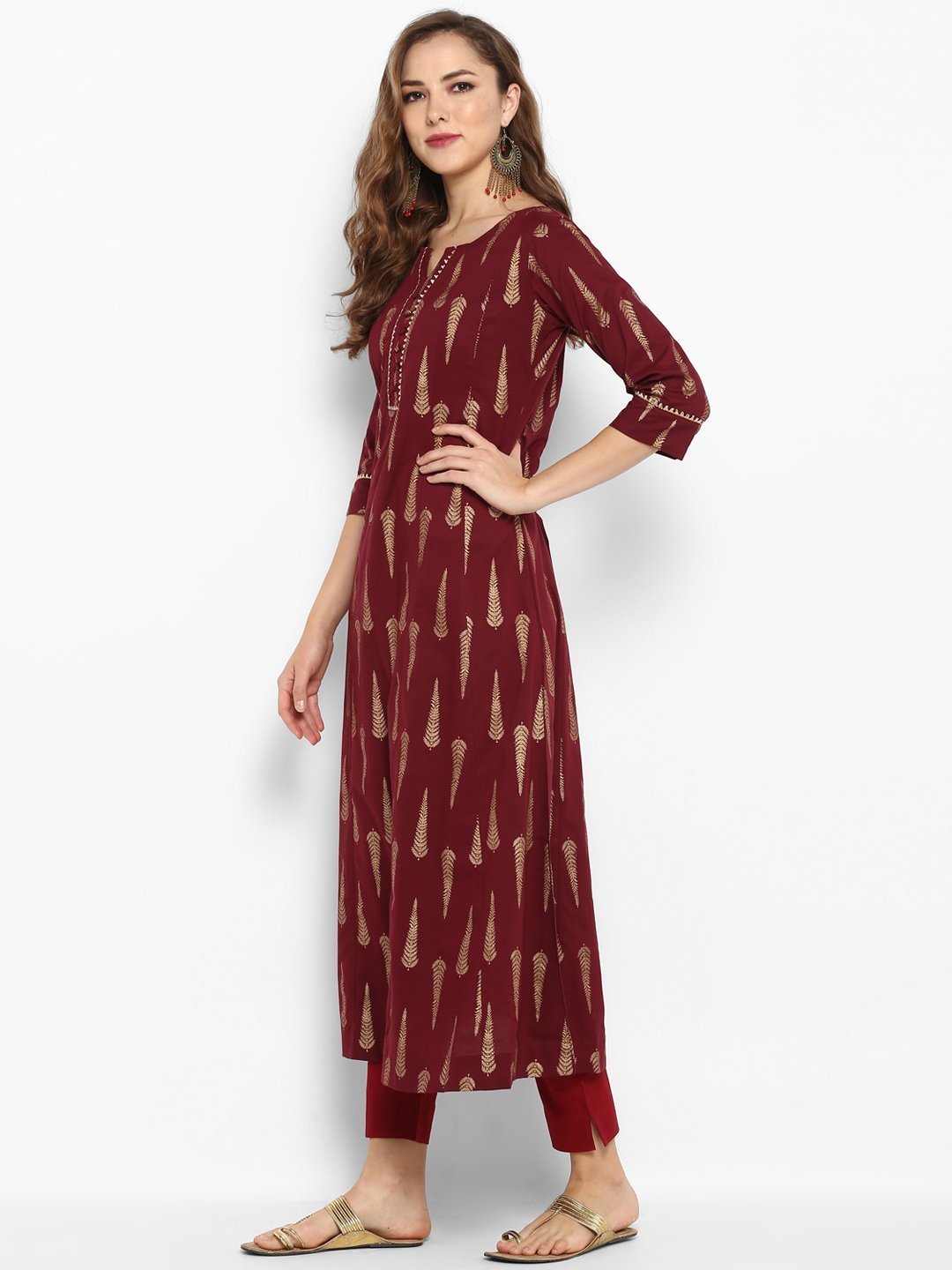 Women's Maroon Cotton Kur