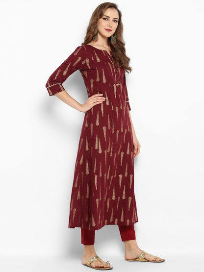 Women's Maroon Cotton Kur