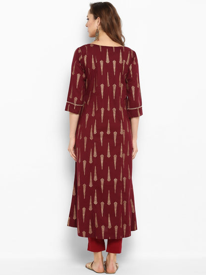 Women's Maroon Cotton Kur