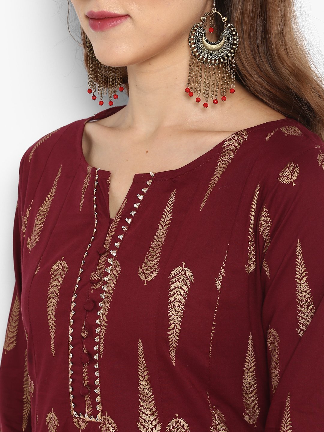 Women's Maroon Cotton Kur