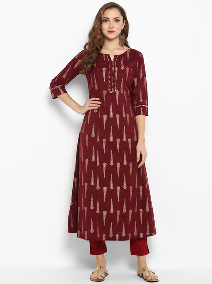Women's Maroon Cotton Kur