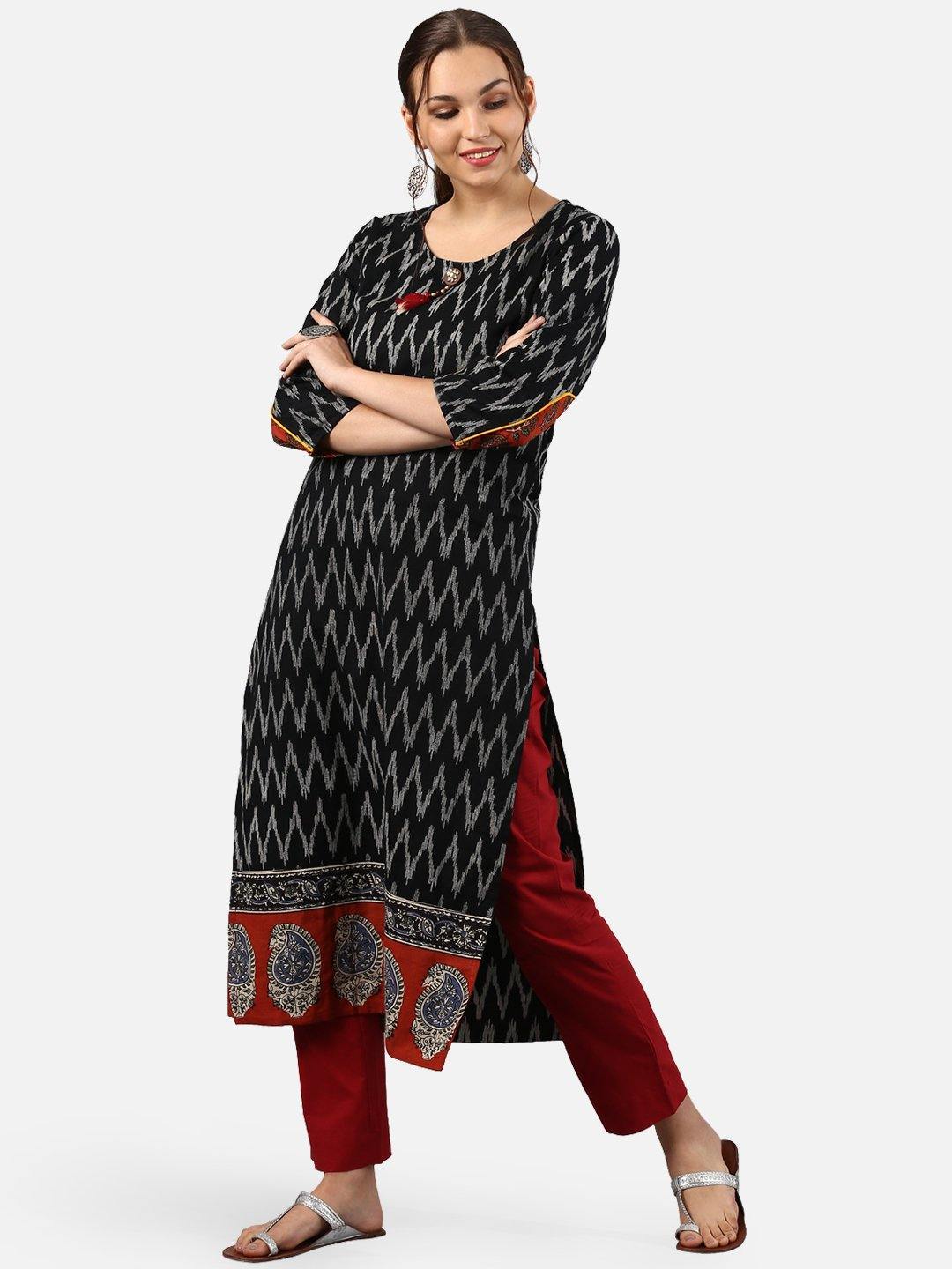 Women's Black Cotton Kur