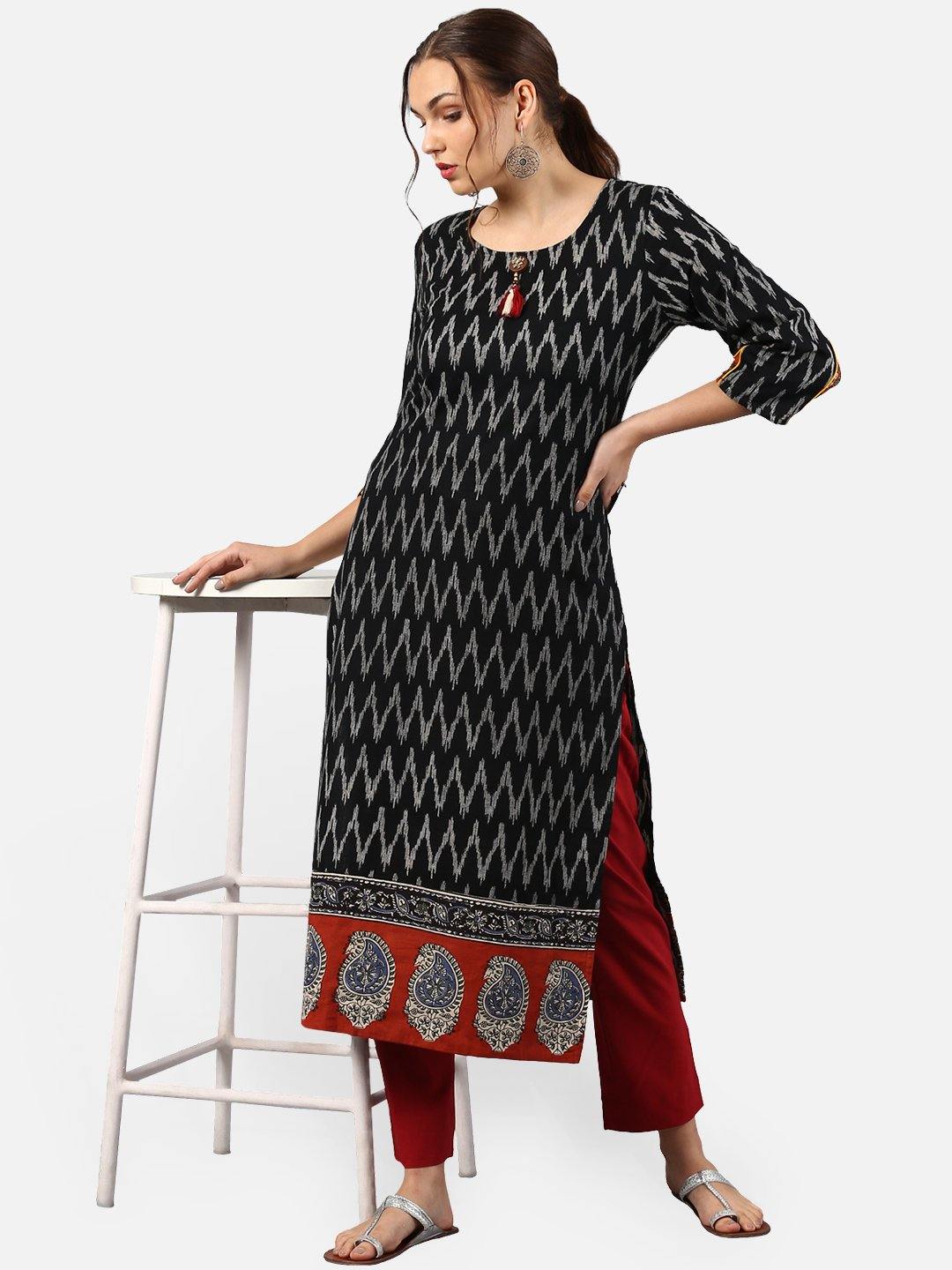 Women's Black Cotton Kur