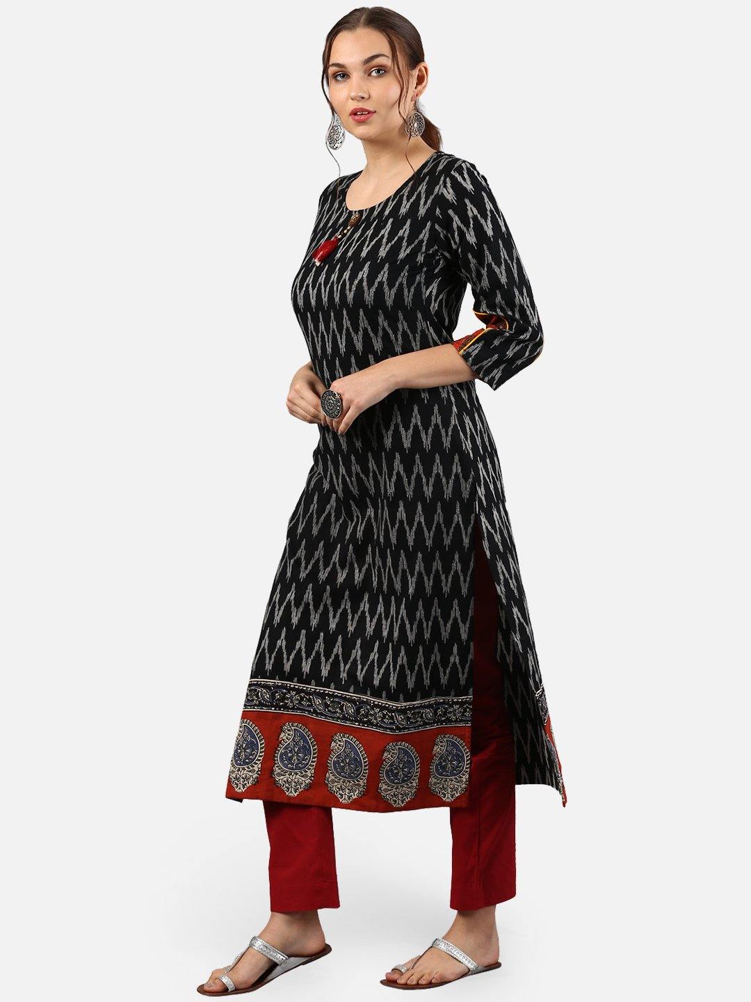 Women's Black Cotton Kur