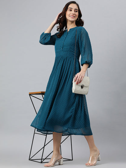 Women's Self Design Teal Poly Chiffon Dress