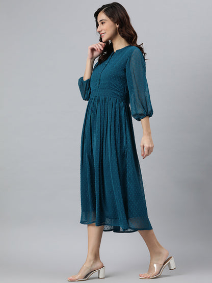 Women's Self Design Teal Poly Chiffon Dress