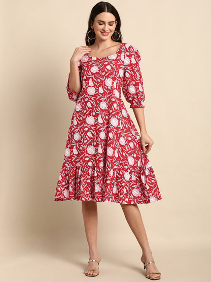 Women's Floral Printed Red Cotton Dress