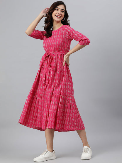 Women's Woven Design Pink Cotton Dress