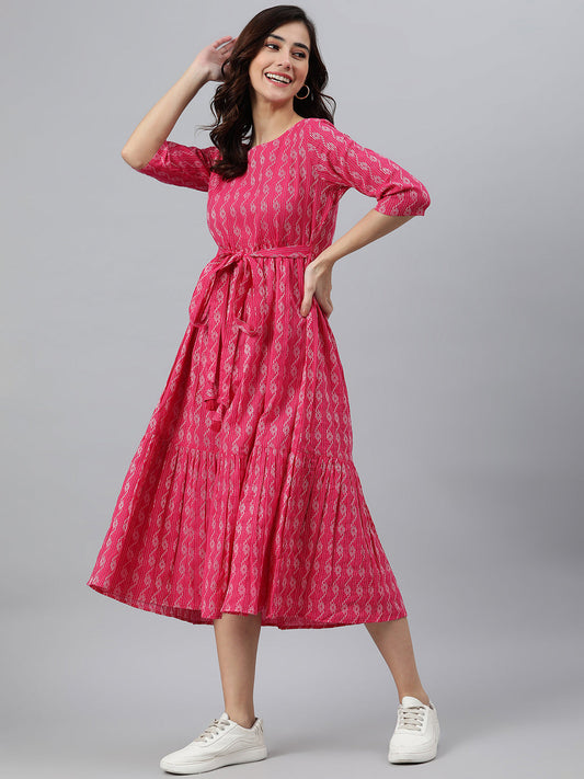 Women's Woven Design Pink Cotton Dress