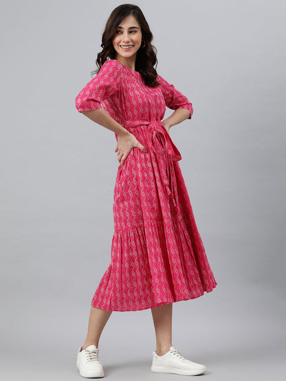 Women's Woven Design Pink Cotton Dress