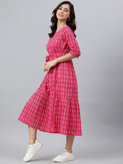 Women's Woven Design Pink Cotton Dress