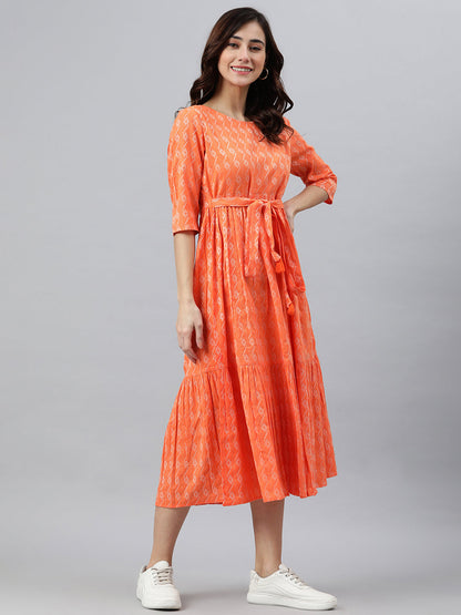 Women's Woven Design Orange Cotton Dress