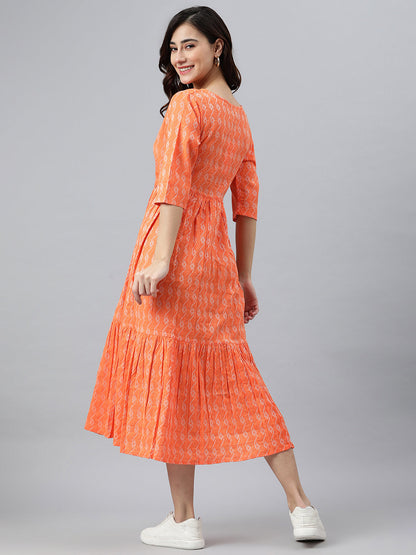 Women's Woven Design Orange Cotton Dress