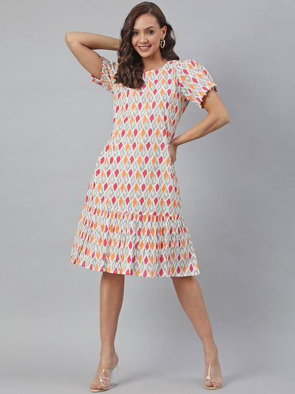 Women's Printed Off White Cotton Dress