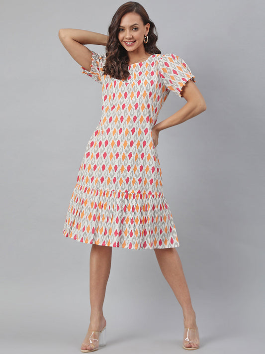 Women's Printed Off White Cotton Dress