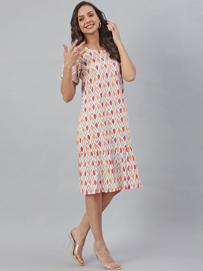Women's Printed Off White Cotton Dress