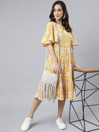Women's Floral Printed Yellow Cotton Dress